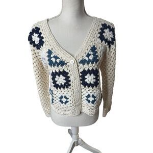 Aqua Crochet Knit Cardigan Shrug Size M Boho Festival Cottagecore Grandma